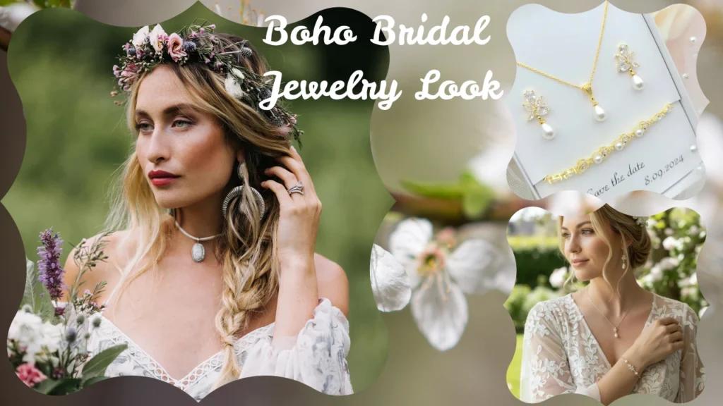 A whimsical wedding style collage titled "Boho Bridal Jewelry Look" using decorative, cloud-shaped frames set against a soft green background with blurred white spring blossoms. The largest frame on the left shows a bohemian bride with a wildflower crown and a side braid, wearing oversized textured silver crescent earrings and a matching stone choker necklace. The top-right panel displays a boxed gold bridal jewelry set featuring a delicate pendant necklace, matching drop earrings, and a bracelet crafted with white pearls and marquise-cut crystals. The bottom-right panel features a blonde bride in an intricate lace wedding gown wearing a delicate starburst pendant necklace and a thin matching bracelet of countryside bridal jewelry.