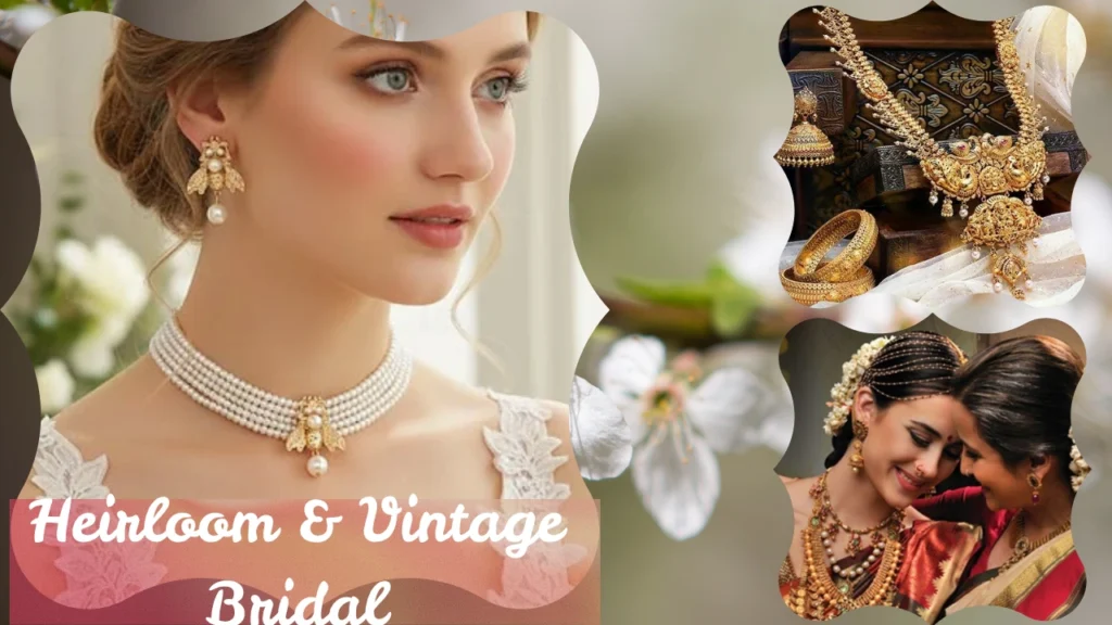 A bridal style collage titled "Heirloom & Vintage Bridal" framed in cloud-like cutouts against a soft green backdrop with blurred white blossoms. The large left panel features a close-up of a fair-skinned bride wearing a multi-strand white pearl choker necklace and matching gold statement earrings, both detailed with an ornate gold honeybee motif suspending a single pearl drop. The top-right panel shows traditional, heavily detailed antique gold bridal jewelry draped over a wooden chest, including a massive filigree bib necklace, thick gold bangles, and a bell-shaped jhumka earring. The bottom-right panel depicts a tender moment between an Indian bride in traditional red and gold attire and an older woman, showcasing elaborate layered gold heritage necklaces, head jewelry, and floral hair accessories.
