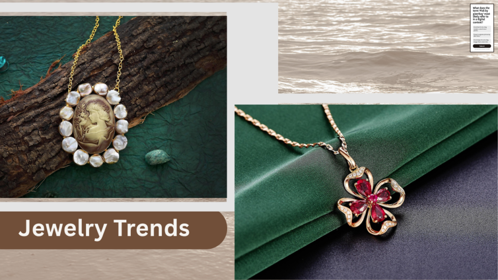 A digital collage titled "Jewelry Trends" featuring two distinct pendant necklaces against a split background of deep green fabric, natural wood texture, and soft ocean water. On the left, a large, vintage-inspired oval cameo necklace is framed by irregular baroque pearls and rests on a piece of tree bark. On the right, a fine gold chain holds a sophisticated flower or four-leaf clover pendant set with brilliant red gemstones, likely rubies, and accented with small diamonds, draped over folded green silk.