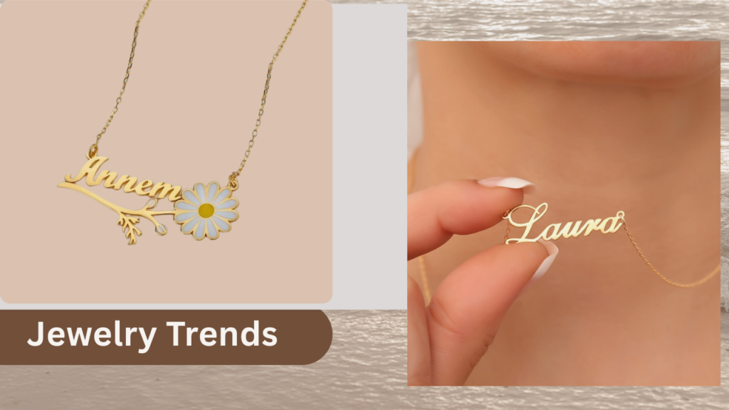 A graphic mood board featuring two custom name necklaces set against a beach and neutral-toned background. The left photo displays a gold script nameplate necklace reading "Annem" adorned with an integrated enamel daisy flower. The right photo shows a hand adjusting a delicate gold script nameplate necklace that spells "Laura." A brown ribbon in the lower-left corner reads "Jewelry Trends."