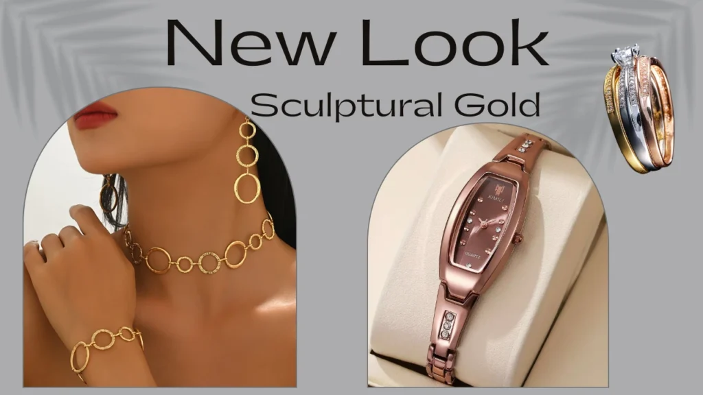 A modern jewelry mood board showcasing contemporary gold accessories against a muted grey background. The collage includes a model wearing a textured yellow-gold open-circle necklace and earring set, an elegant rose-gold dress watch with crystal accents, and a mixed-metal tri-color gold ring with a prominent diamond. Large text reads "New Look Sculptural Gold."