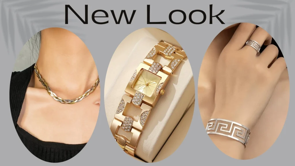 A sculptural jewelry trend collage featuring a braided mixed-metal necklace, a crystal-embellished geometric gold watch, and a silver Greek key cut-out cuff and ring set against a clean grey background.