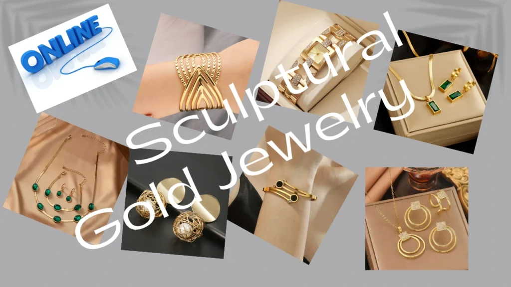 A multi-photo fashion collage displaying various gold statement accessories, with large white text reading "Sculptural Gold Jewelry" placed diagonally across the center. The surrounding images feature gold and emerald gemstone jewelry sets, a multi-layered gold cuff bracelet, an ornate geometric gold watch, and a 3D digital icon in the corner that reads "ONLINE" with a computer mouse attached.