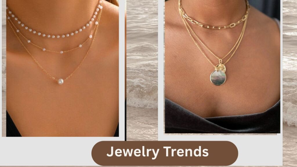 A graphic mood board showcasing trending layered necklaces against a soft beach background. The left image features delicate, minimalist gold chains with pearl accents. The right image features a layered combination of a thick gold link chain choker and longer necklaces with round coin pendants. A brown ribbon at the bottom reads "Jewelry Trends."