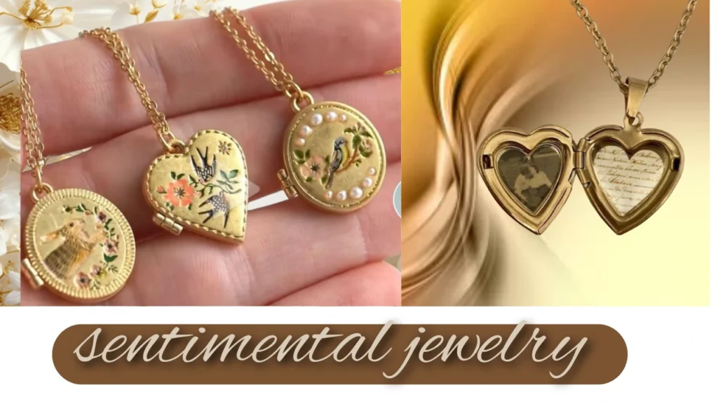 A graphic collage highlighting heirloom-style lockets against a soft, golden background. The left photo shows three closed gold lockets with detailed enamel illustrations of a rabbit, birds, and floral accents. The right photo shows an open gold heart locket containing a vintage photo and script handwriting. A brown banner at the bottom reads "Sentimental Jewelry" in an elegant script font.