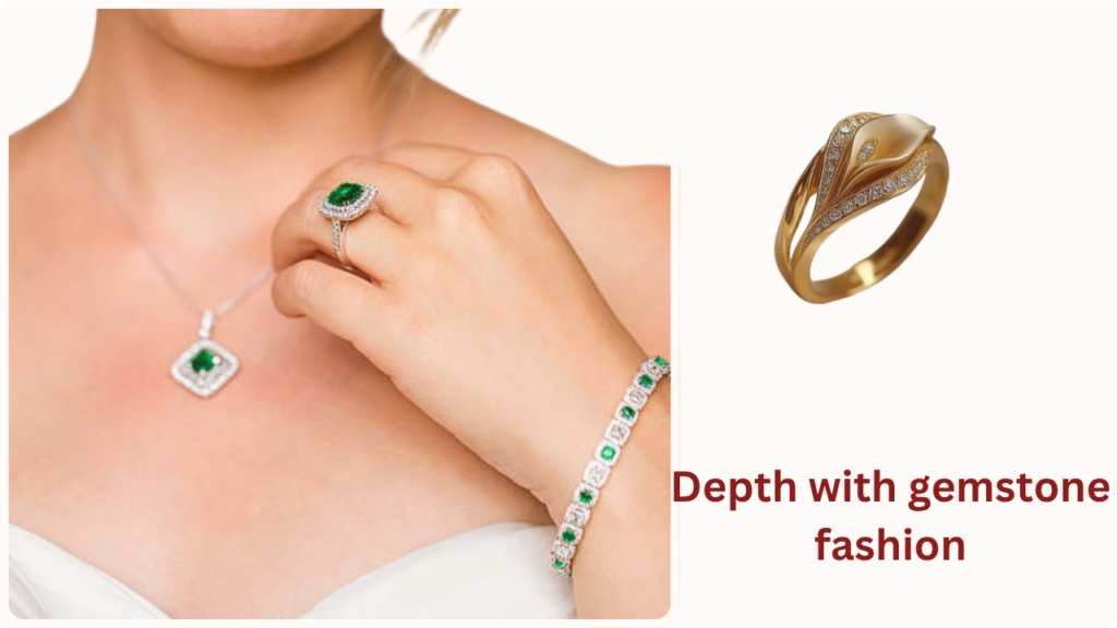 composite image illustrating a gemstone jewelry aesthetic. The left panel shows a woman wearing a matching white gold and green emerald necklace, ring, and bracelet set. The right panel displays an isolated yellow gold calla lily ring with pave diamond accents. Maroon text reads "Depth with gemstone fashion."