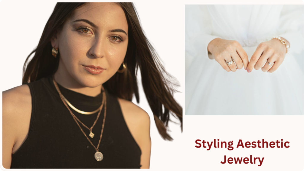 A composite image illustrating a charm jewelry aesthetic. The left panel shows a woman wearing three layered gold necklaces featuring cowrie shells, a seashell pendant, and a starfish charm. The right panel displays a wrist stacked with colorful beaded letter bracelets. Maroon text reads "Personal with the Charm Aesthetic."