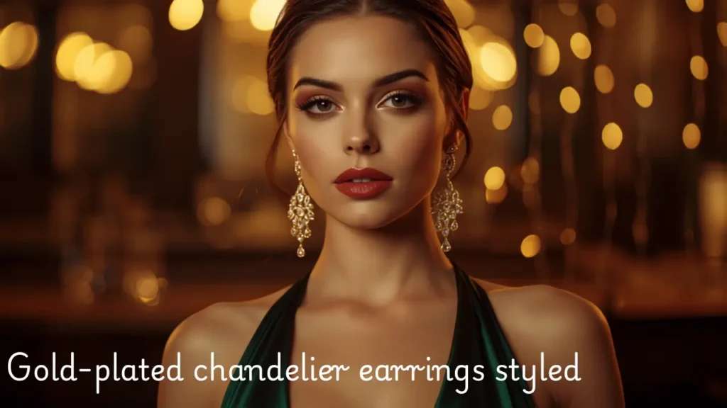 Gold-plated chandelier earrings styled for a glamorous night out