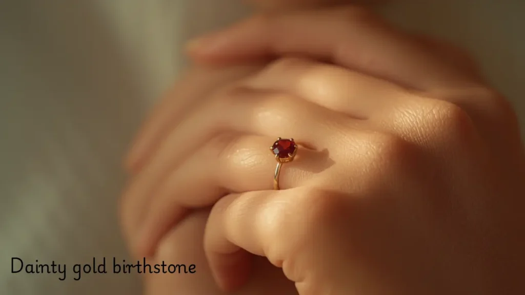 Dainty gold birthstone ring worn on a woman's finger