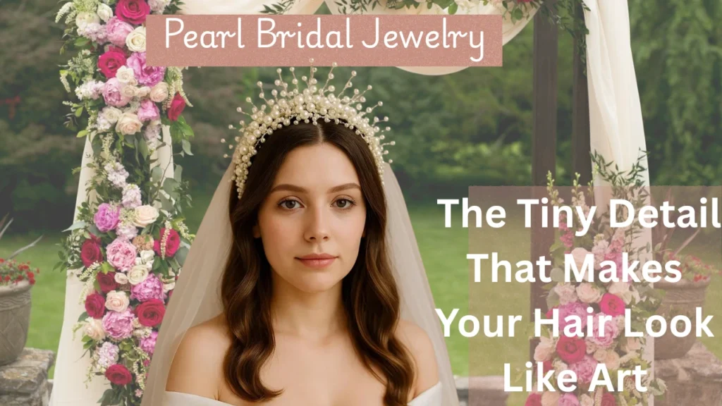 A wedding hair inspiration pin titled "15 Stunning Pearl Bridal Jewelry Ideas for Elegant Weddings" showing a bride wearing an intricate, crown-style pearl hair pin headpiece. Text overlay reads: "The Tiny Detail That Makes Your Hair Look Like Art."