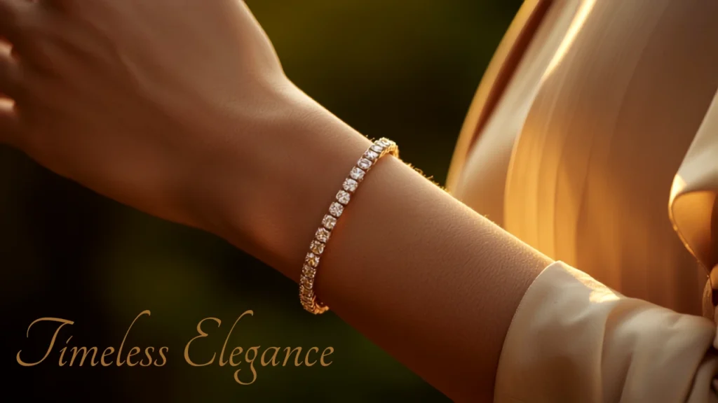 Diamond-cut tennis bracelet on a woman's wrist styled for an occasion