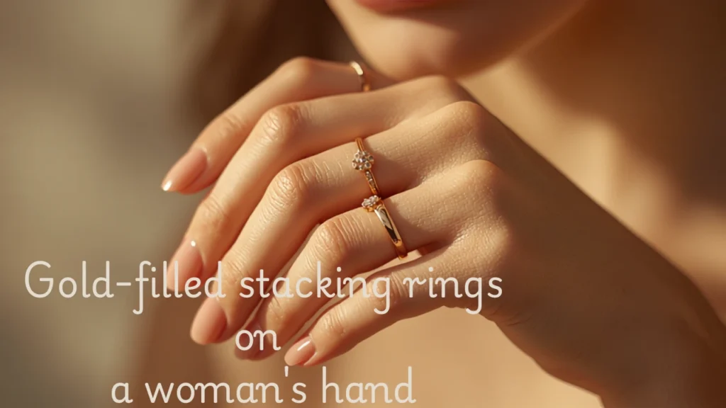 Gold-filled stacking rings on a woman's hand with neutral nails