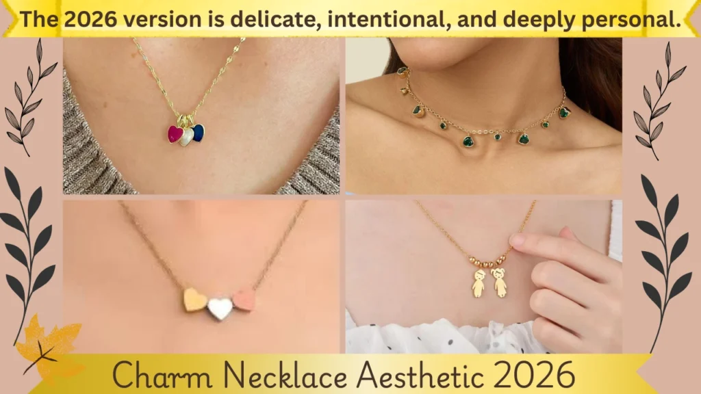 A digital marketing graphic displaying four different minimalist charm necklaces to illustrate the "Charm Necklace Aesthetic 2026." The four close-up panels show a delicate chain with magenta, white, and blue enamel hearts; a gold choker with dangling heart-shaped green gemstones; a trio of tri-color metal hearts; and a gold necklace with sweet boy and girl silhouette charms. The image is framed by yellow header and footer banners emphasizing that the 2026 jewelry trend is delicate, intentional, and deeply personal.