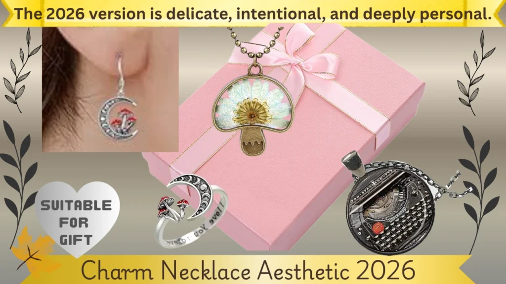 A digital marketing collage promoting the "Charm Necklace Aesthetic 2026" with a focus on vintage and botanical-themed jewelry. The image centers on a pink gift box wrapped with a ribbon, surrounded by whimsical silver and bronze accessories including red mushroom crescent moon earrings, a mushroom pendant with a preserved real daisy, an adjustable silver ring, and an antique-style typewriter charm necklace. Yellow header and footer ribbons highlight that the pieces are personal, intentional, and suitable for gifting.