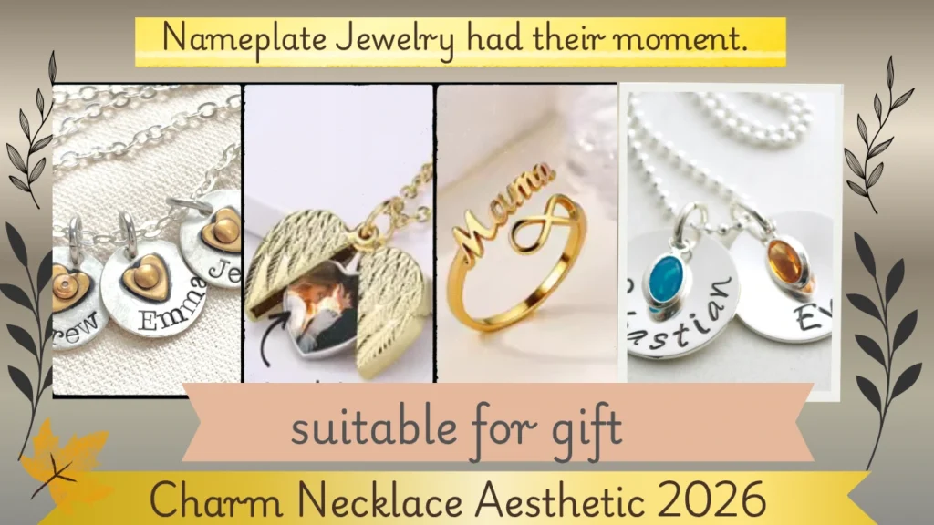 A personalized jewelry trends graphic showcasing four styles of sentimental, custom accessories to illustrate the "Charm Necklace Aesthetic 2026." The four vertical panels include hand-stamped silver discs with names and brass hearts, an open gold angel-wing photo locket, a gold "Mama" infinity script ring, and name-engraved silver pendant discs accented with colorful birthstones. Yellow text banners frame the top and bottom of the image, labeling the collection as a suitable gift option.