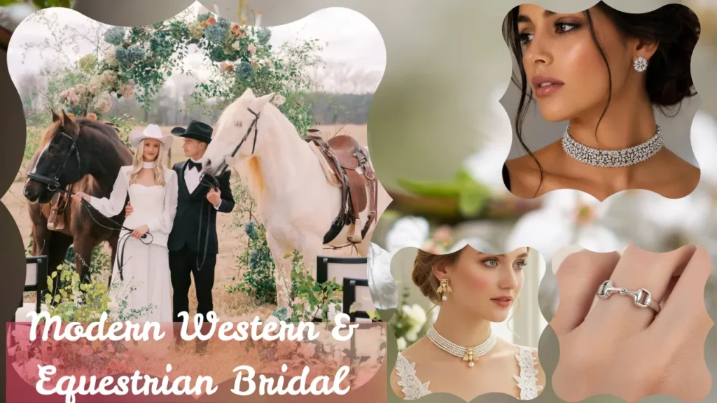 A digital wedding style collage titled "Modern Western & Equestrian Bridal" set in cloud-shaped decorative frames against a soft, blurred nature background. The large left panel shows a bride in a long-sleeved white gown and white cowboy hat standing alongside a groom in a tuxedo and black cowboy hat, posing with a brown horse and a saddled white horse beneath a rustic floral arch. The top-right frame shows a woman wearing a wide, glittering diamond choker necklace with matching floral stud earrings. The bottom-center frame shows a bride wearing a multi-strand pearl choker with gold bee accents. The bottom-right frame highlights a close-up of a silver equestrian horse bit ring on a finger.