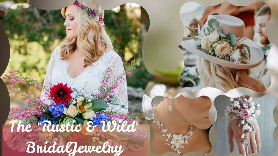 A botanical-inspired wedding style collage titled "The 'Rustic & Wild' Bridal Jewelry" arranged in decorative, cloud-shaped frames. The largest image on the left shows a blonde bride in a lace gown and a delicate floral headpiece, holding a vibrant outdoor bouquet of deep red dahlias, blue hyacinths, and wild pink heather. The top-right frame shows the back of a blonde bride wearing a tan felt fedora wedding hat heavily adorned with fresh white roses and eucalyptus leaves. The bottom-center panel shows a close-up of a bride wearing an intricate silver-wire vine statement necklace and matching drop earrings crafted with delicate pearls and crystals. The bottom-right frame highlights a hand wearing an elaborate, organic wrist corsage made of muted pink and cream real flowers that cascade down the fingers like a ring.