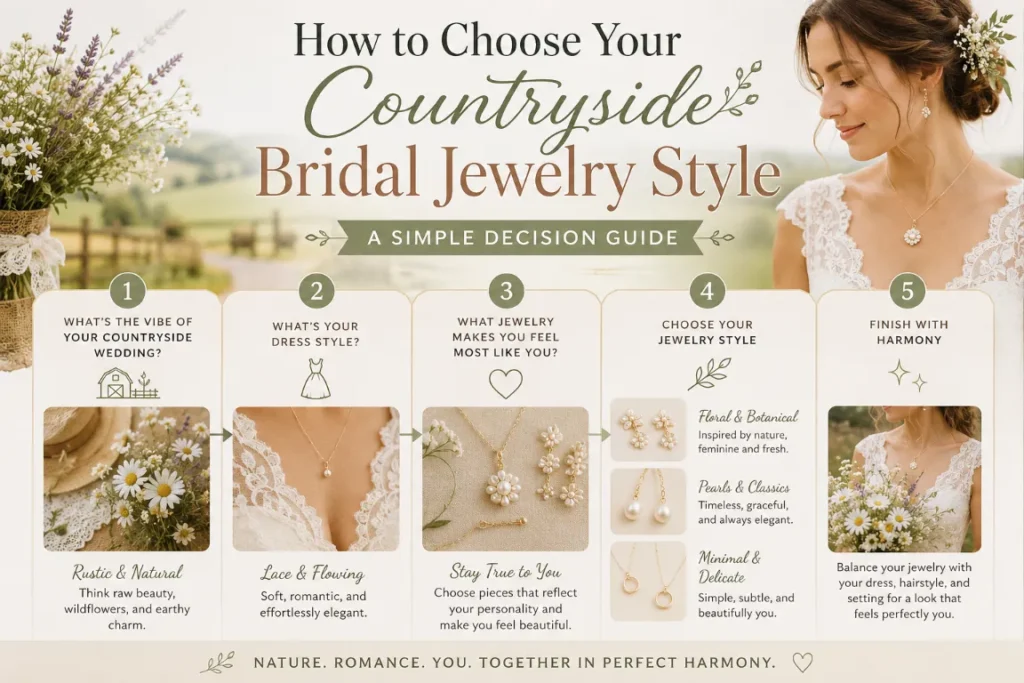 An informational infographic chart titled "How to Choose Your Countryside Bridal Jewelry Style: A Simple Decision Guide" is set against a blurred background of a rolling green rustic landscape. The top right features a smiling brunette bride wearing a lace wedding dress, delicate drop earrings, a floral pendant necklace, and real flowers in her hair updo. The guide presents five numbered steps structured in columns with arrows connecting them: "What's the vibe of your countryside wedding?" showing a rustic bouquet of daisies and lavender. "What's your dress style?" featuring a close-up of a lace gown with a simple pearl necklace. "What jewelry makes you feel most like you?" depicting a pearl flower pendant and matching drop earrings. "Choose your jewelry style," listing three categories with product photos: Floral & Botanical, Pearls & Classics, and Minimal & Delicate. "Finish with harmony," showcasing the fully styled bride holding a daisy bouquet.