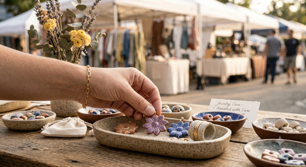 Artisan’s hand arranging an array of colorful clay jewelry pieces on a display tray at an outdoor market, with soft afternoon light and blurred booths behind.