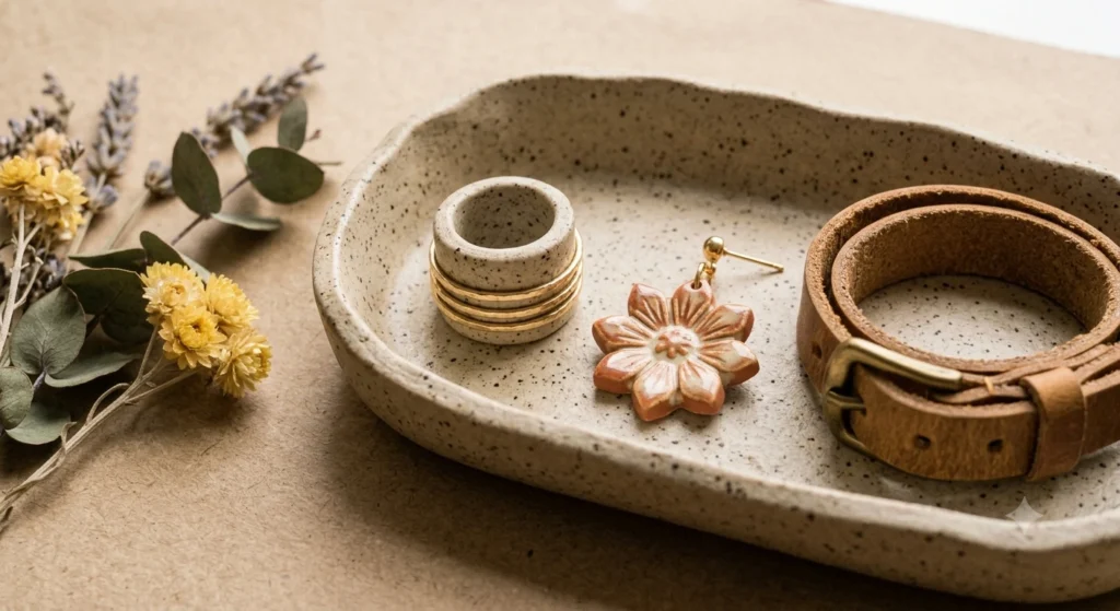 Open jewelry tray displaying unique jewelry ideas: a ceramic ring stacked with gold bands, a single floral ceramic earring, and a leather bracelet.