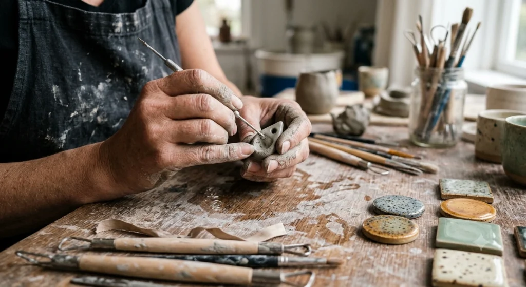 Close-up of artisan hands shaping wet clay into a handmade ceramic jewelry pendant, with pottery tools and speckled glaze samples nearby.