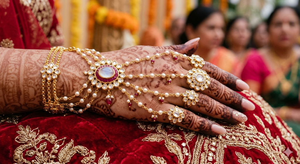 Elegant bridal hand chain bracelet ring designed for weddings, mehndi, and special occasions. Add a luxurious and traditional touch to your bridal look with this stunning hand harness jewelry