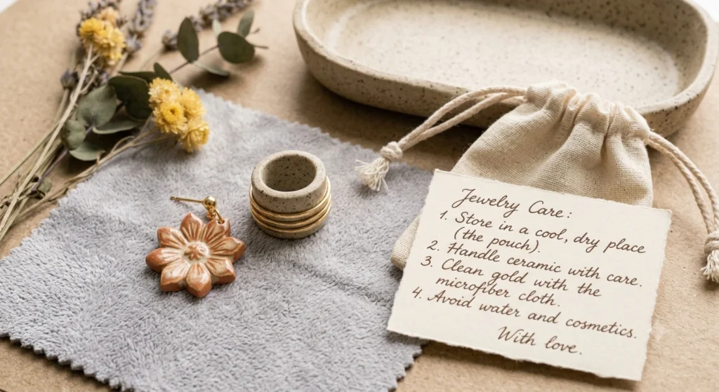 Ceramic earrings resting on a soft microfiber cloth with a tiny cotton storage pouch and a handwritten jewelry care note beside them.