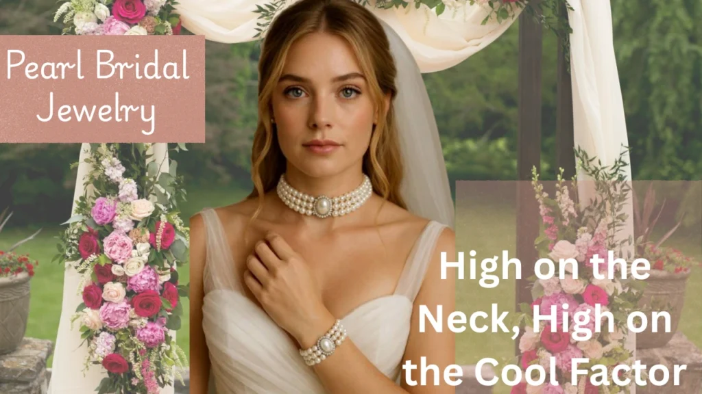 A wedding-style pin titled "For Elegant Weddings" showing a bride under a floral arch accessorized with a thick, multi-strand pearl choker necklace and a matching bracelet. Text overlay reads: "High on the Neck, High on the Cool Factor."