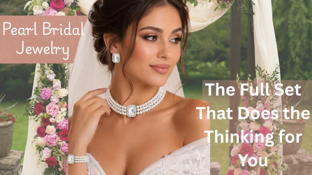 A luxury bridal graphic titled "For Elegant Weddings" highlighting a coordinated pearl set featuring a multi-strand collar necklace, matching bracelet, and square earrings with large center crystals. The text overlay reads: "The Full Set That Does the Thinking for You."