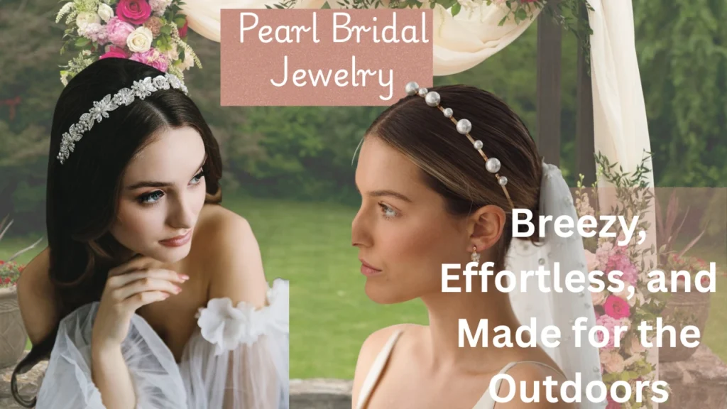 wedding accessory graphic titled "For Elegant Weddings," showcasing two bridal looks featuring delicate pearl headbands. The text overlay reads: "Breezy, Effortless, and Made for the Outdoors."
