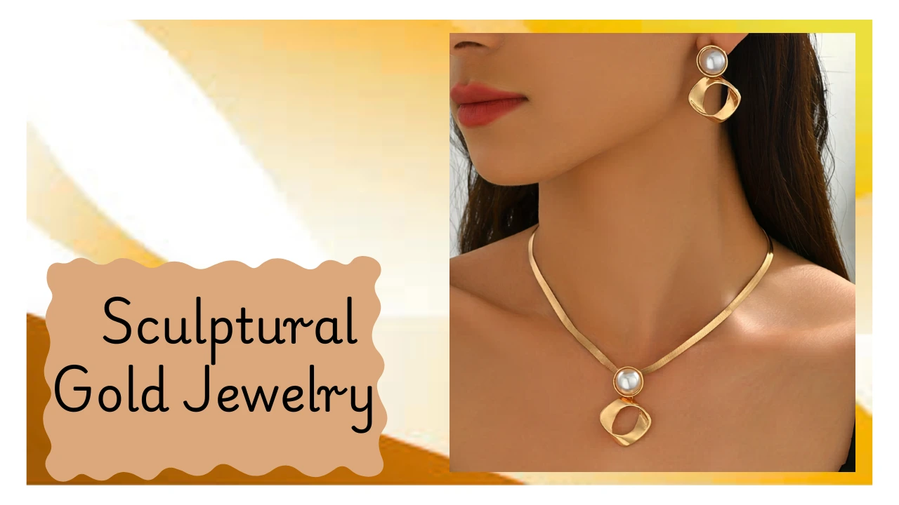 A digital collage highlighting a bold, architectural jewelry set. A model wears a sleek gold herringbone snake necklace with a pearl and twisted geometric square pendant, paired with matching statement earrings. A wavy, warm beige text box on the left reads "Sculptural Gold Jewelry."