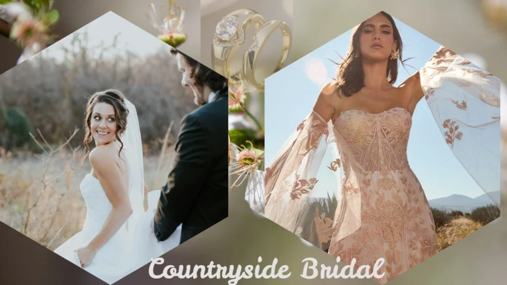 A bridal style collage titled "Countryside Bridal" featuring geometric honeycomb-shaped frames against a soft, nature-inspired green background with wild pink blossoms. The left frame shows a smiling bride in a classic white gown and veil looking back at her groom in a rustic field setting. The center top insert features a close-up of a gold wedding ring set with a large round diamond accent. The large right frame displays a fashion-forward bride posing in an outdoor countryside landscape, wearing an intricate, pink-toned embroidered strapless wedding dress with dramatic, sheer detached bell sleeves.