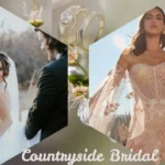A bridal style collage titled "Countryside Bridal" featuring geometric honeycomb-shaped frames against a soft, nature-inspired green background with wild pink blossoms. The left frame shows a smiling bride in a classic white gown and veil looking back at her groom in a rustic field setting. The center top insert features a close-up of a gold wedding ring set with a large round diamond accent. The large right frame displays a fashion-forward bride posing in an outdoor countryside landscape, wearing an intricate, pink-toned embroidered strapless wedding dress with dramatic, sheer detached bell sleeves.