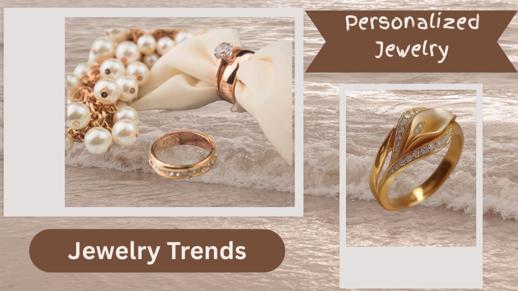 Detailed & SEO-Optimized (Recommended for Blogs/Websites) A digital mood board titled "Jewelry Trends" and "Personalized Jewelry" against a background of gentle ocean waves. On the left, a cluster of white pearls, a gold engagement ring on a silk ribbon, and a gold band studded with small diamonds sit near the water's edge. On the right, a close-up showcases an elegant, matte-finish gold ring shaped like a calla lily, accented with micro-pave diamonds.