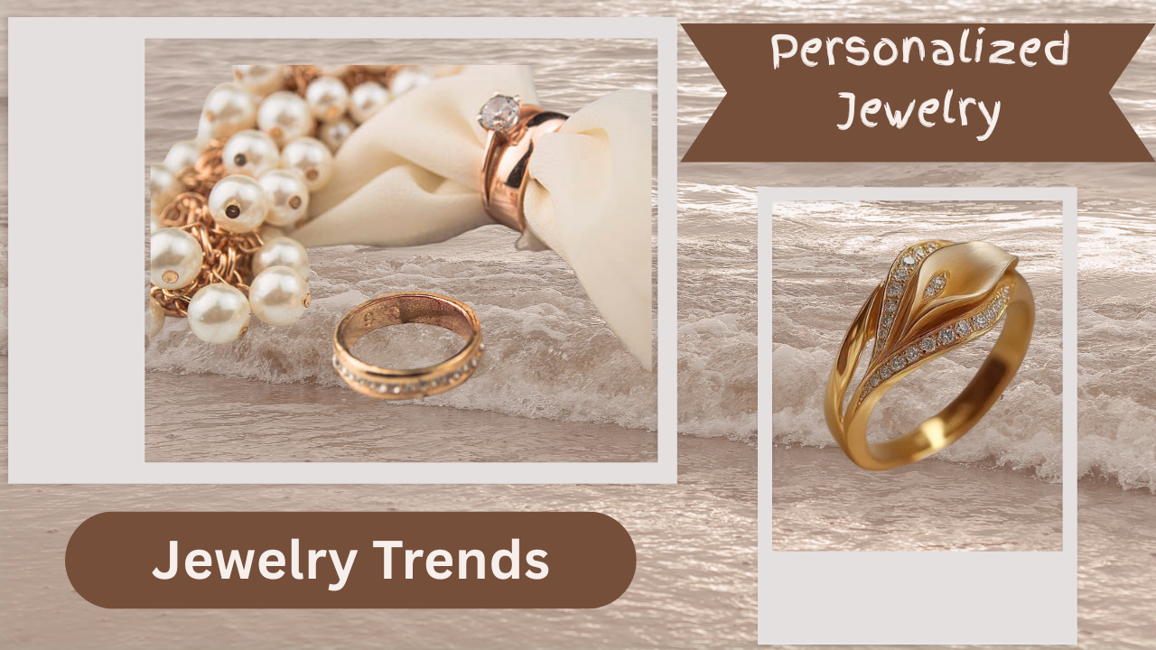 Detailed & SEO-Optimized (Recommended for Blogs/Websites) A digital mood board titled "Jewelry Trends" and "Personalized Jewelry" against a background of gentle ocean waves. On the left, a cluster of white pearls, a gold engagement ring on a silk ribbon, and a gold band studded with small diamonds sit near the water's edge. On the right, a close-up showcases an elegant, matte-finish gold ring shaped like a calla lily, accented with micro-pave diamonds.