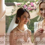 A bridal jewelry collage featuring classic white pearl strand necklaces, an intricate crystal-and-pearl vine pendant, and two styled brides in lace and strapless wedding gowns, captioned with the blog title "15 Stunning Pearl Bridal Jewelry Ideas for Elegant Weddings."