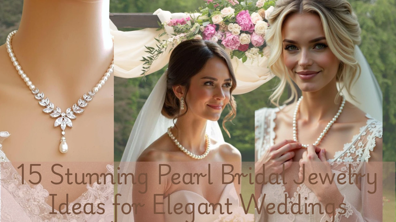 A bridal jewelry collage featuring classic white pearl strand necklaces, an intricate crystal-and-pearl vine pendant, and two styled brides in lace and strapless wedding gowns, captioned with the blog title "15 Stunning Pearl Bridal Jewelry Ideas for Elegant Weddings."