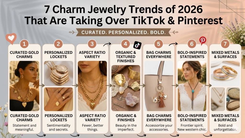 An infographic titled "7 Charm Jewelry Trends of 2026 That Are Taking Over TikTok & Pinterest" from the file Gemini_Generated_Image_ydqon9ydqon9ydqo.png. The image outlines seven numbered fashion trends labeled: 1. Curated Gold Charms, 2. Personalized Lockets, 3. Aspect Ratio Variety, 4. Organic & Textured Finishes, 5. Bag Charms Everywhere, 6. Bolo-Inspired Statements, and 7. Mixed Metals & Surfaces. Each trend includes a brief descriptive tagline and example photos of gold necklaces, lockets, rings, textured jewelry, and a decorated handbag.
