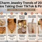 An infographic titled "7 Charm Jewelry Trends of 2026 That Are Taking Over TikTok & Pinterest" from the file Gemini_Generated_Image_ydqon9ydqon9ydqo.png. The image outlines seven numbered fashion trends labeled: 1. Curated Gold Charms, 2. Personalized Lockets, 3. Aspect Ratio Variety, 4. Organic & Textured Finishes, 5. Bag Charms Everywhere, 6. Bolo-Inspired Statements, and 7. Mixed Metals & Surfaces. Each trend includes a brief descriptive tagline and example photos of gold necklaces, lockets, rings, textured jewelry, and a decorated handbag.